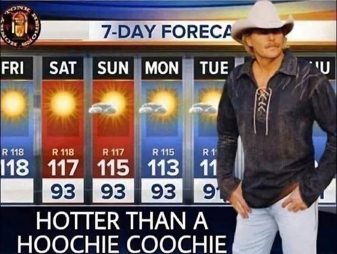 TONK HONK 7-DAY FORECAST FRI SAT SUN MON TUE R 118 118 93 R 117 117 93 R 115 115 93 R 113 113 93 R 1 11 91 HOTTER THAN A HOOCHIE COOCHIE