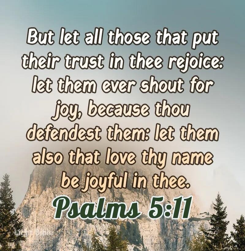 But let all those that put their trust in thee rejoice: let them ever shout for joy, because thou defendest them; let them also that love thy name be joyful in thee. Psalms 5:11