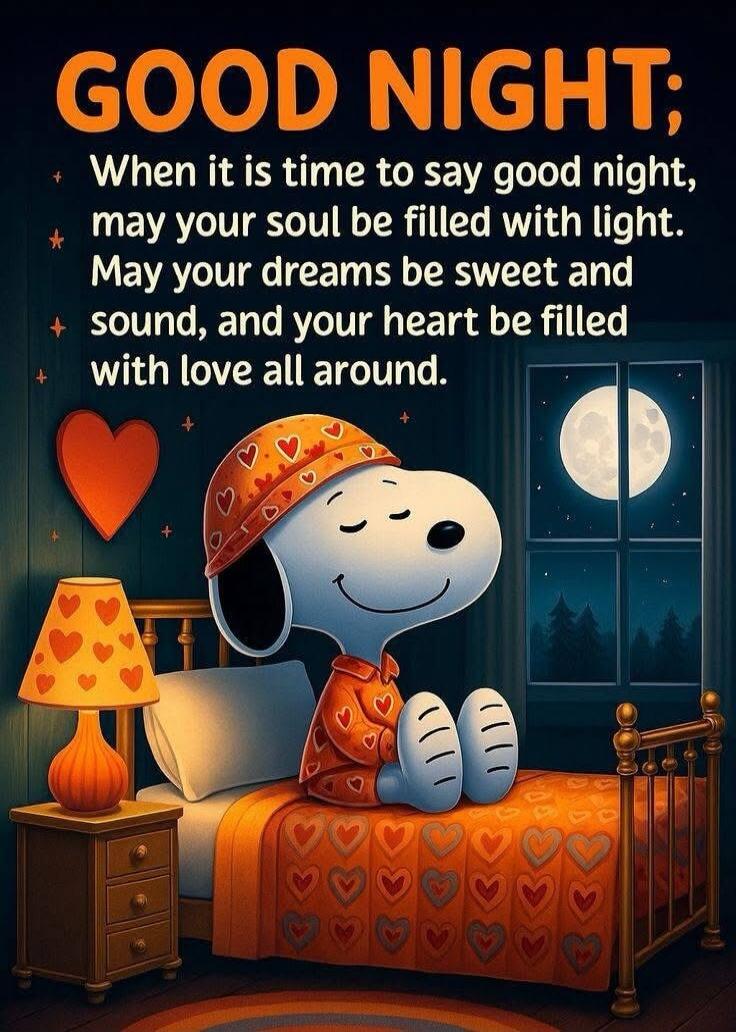 GOOD NIGHT; When it is time to say good night, may your soul be filled with light. May your dreams be sweet and sound, and your heart be filled with love all around.