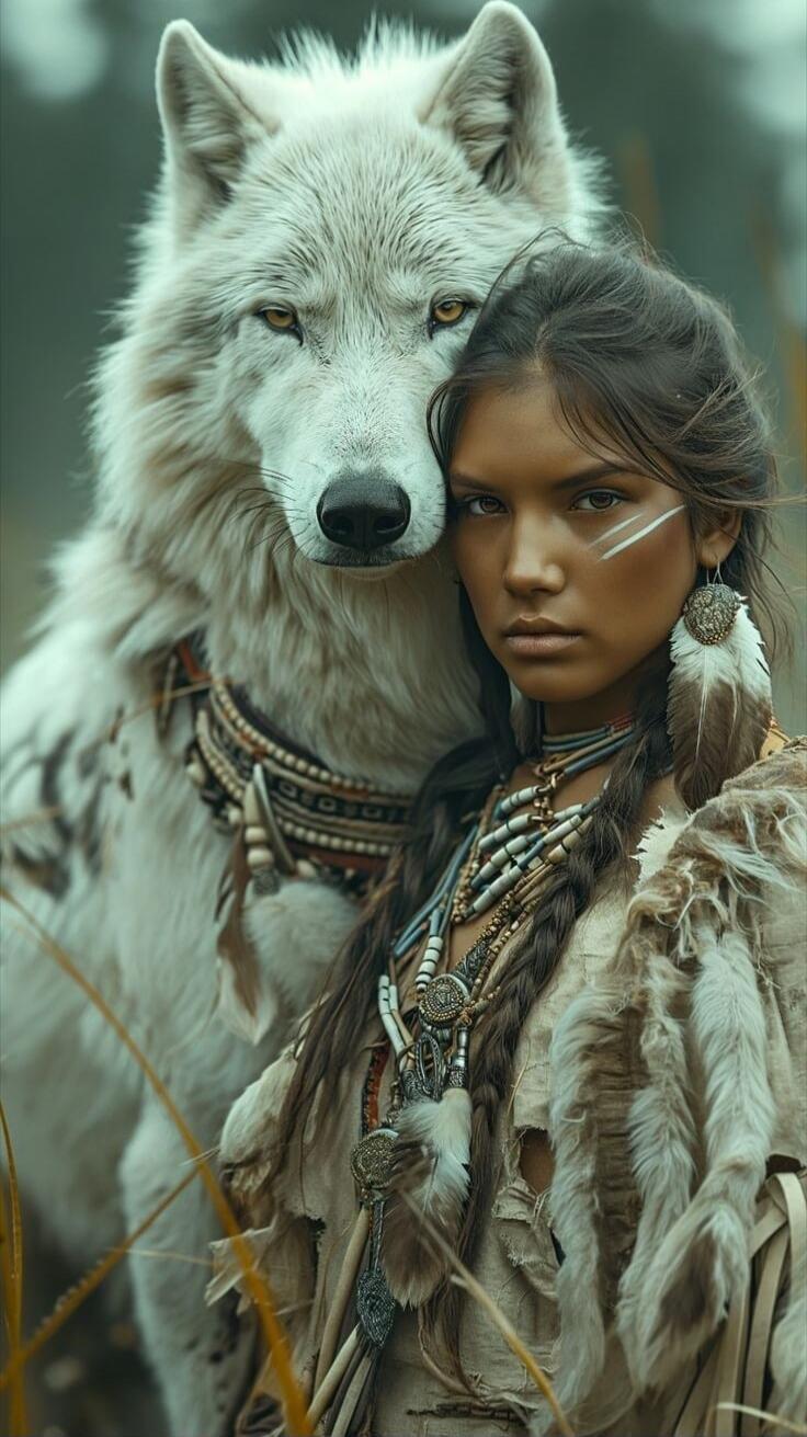 A young woman with tribal markings on her face and a white wolf standing behind her, both looking at the camera.
