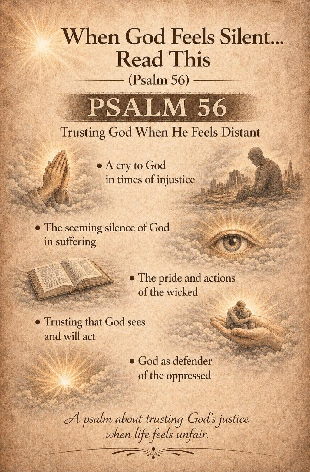 When God Feels Silent... Read This (Psalm 56) PSALM 56 Trusting God When He Feels Distant. A cry to God in times of injustice. The seeming silence of God in suffering. The pride and actions of the wicked. Trusting that God sees and will act. God as defender of the oppressed. A psalm about trusting God's justice when life feels unfair.