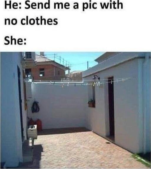 He: Send me a pic with no clothes She: