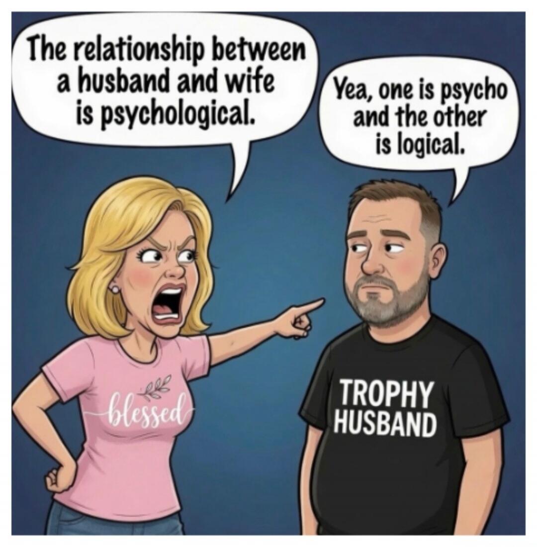 The relationship between a husband and wife is psychological. Yea, one is psycho and the other is logical. blessed. TROPHY HUSBAND.