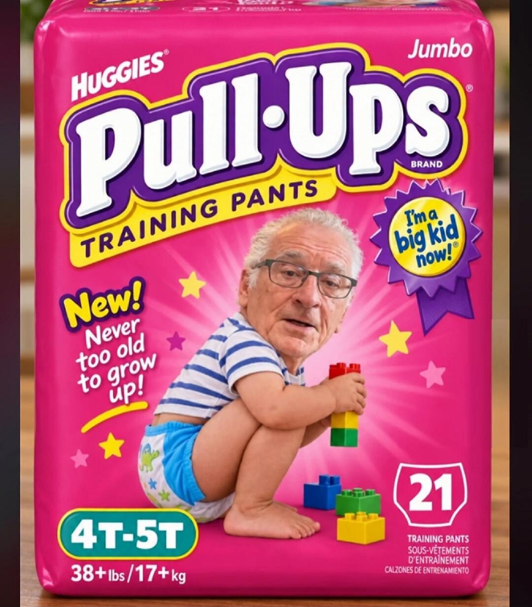 HUGGIES Pull-Ups BRAND TRAINING PANTS Jumbo I'm a big kid now! New! Never too old to grow up! 4T-5T 38+ lbs / 17+ kg 21 TRAINING PANTS SOUS-VÊTEMENTS D'ENTRAÎNEMENT CALZONES DE ENTRENAMIENTO
