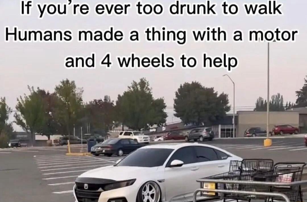 If youre ever too drunk to walk Humans made a thing with a motor and 4 wheels to help