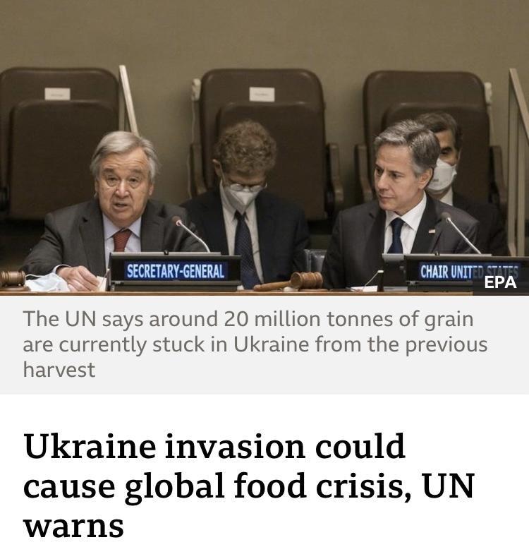 EPA 4 S y f a 1 Lt N RETARY GENERAL 3 CHAIR UNIT 227 iy The UN says around 20 million tonnes of grain are currently stuck in Ukraine from the previous harvest Ukraine invasion could cause global food crisis UN warns