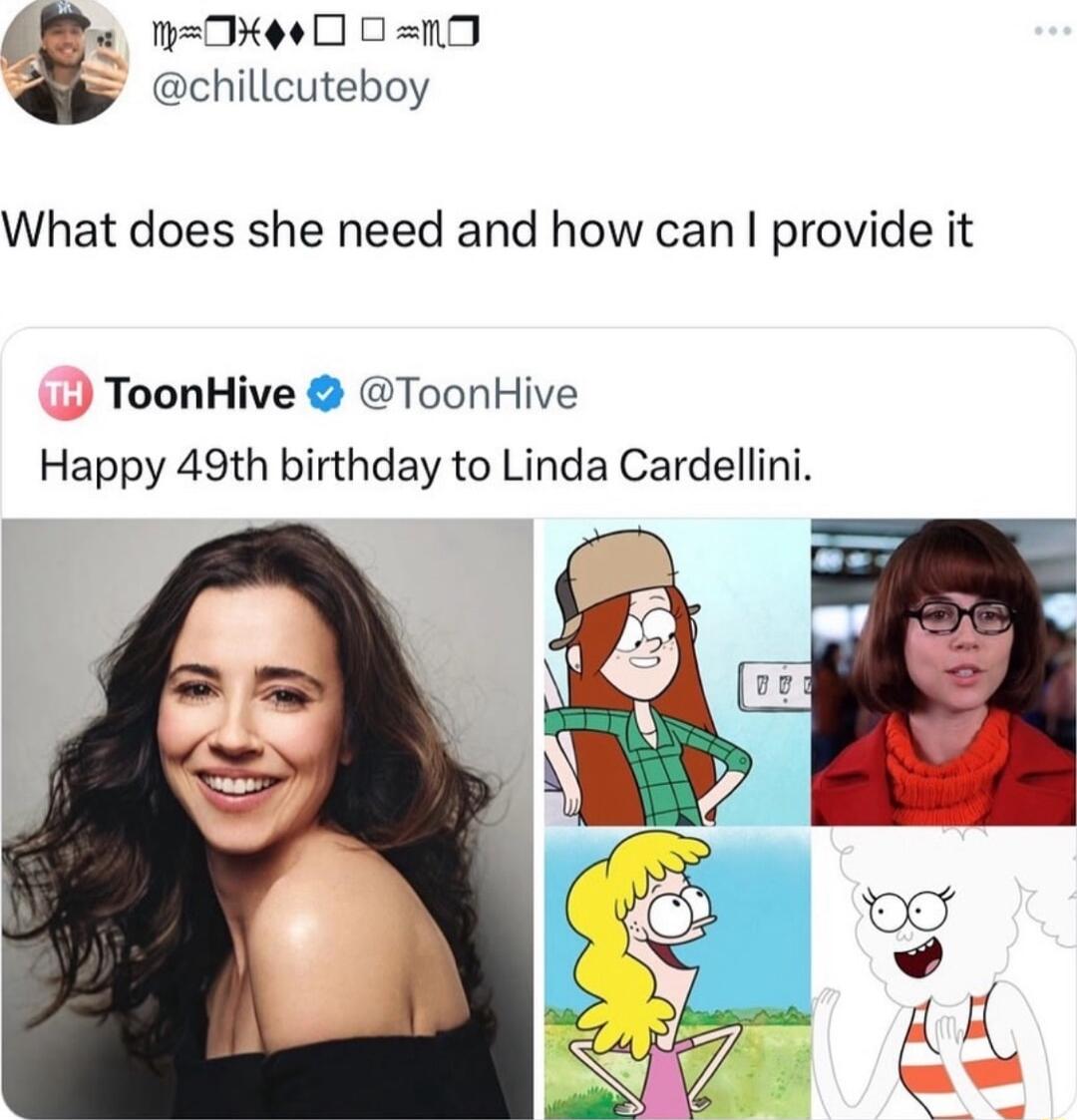 nOxee00n0 chillcuteboy What does she need and how can provide it ToonHive ToonHive Happy 49th birthday to Linda Cardellini