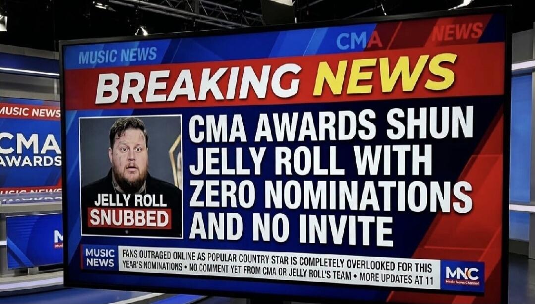 MUSIC NEWS CMA NEWS BREAKING NEWS CMA AWARDS SHUN JELLY ROLL WITH ZERO NOMINATIONS AND NO INVITE JELLY ROLL SNUBBED MUSIC NEWS FANS OUTRAGED ONLINE AS POPULAR COUNTRY STAR IS COMPLETELY OVERLOOKED FOR THIS YEAR'S NOMINATIONS NO COMMENT YET FROM CMA OR JELLY ROLL'S TEAM MORE UPDATES AT 11 MNC Music News Channel