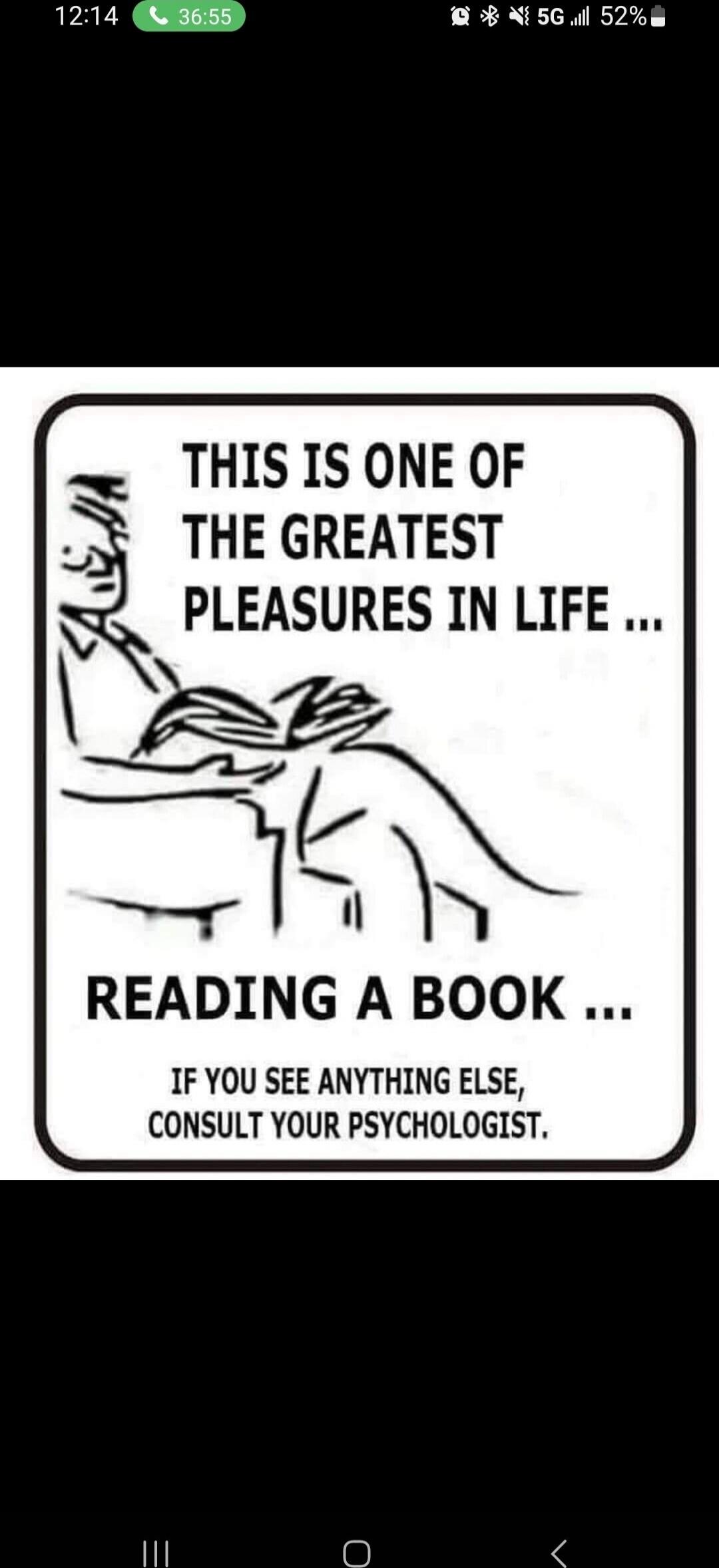 THIS IS ONE OF THE GREATEST PLEASURES IN LIFE ... READING A BOOK ... IF YOU SEE ANYTHING ELSE, CONSULT YOUR PSYCHOLOGIST.