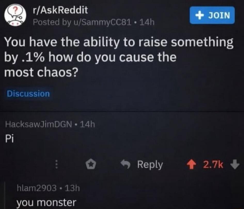 r/AskReddit: You have the ability to raise something by .1%. How do you cause the most chaos? A user suggests 'Pi'. Another user replies 'you monster'.