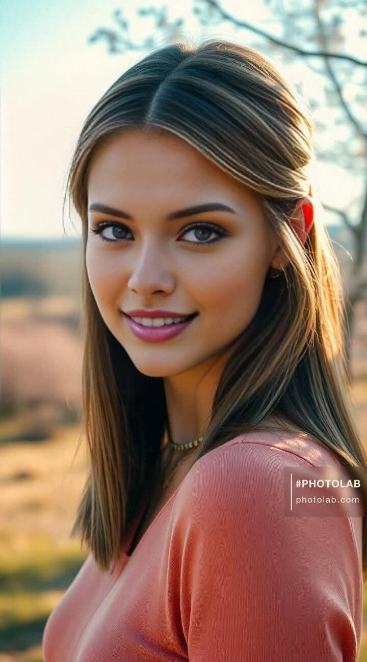 A young woman with long brown hair and blue eyes smiles gently at the camera. She is wearing a pink top and a delicate gold necklace. The background is a soft, out-of-focus outdoor scene with warm lighting. There is a watermark '#PHOTOLAB photolab.com' in the bottom right corner.