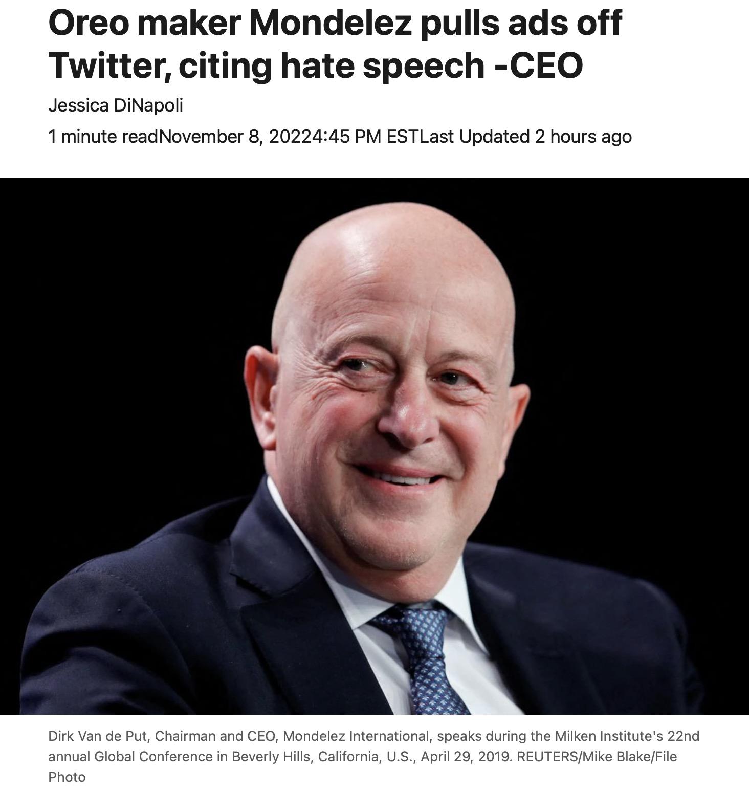 Oreo maker Mondelez pulls ads off Twitter citing hate speech CEO TLast Updated 2 hours ago