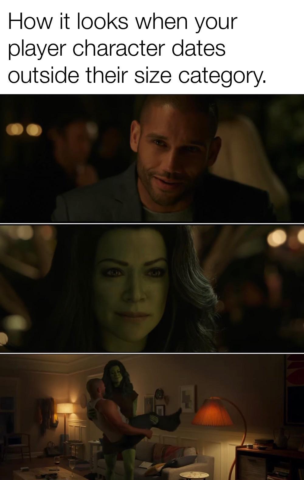 How it looks when your player character dates outside their size category