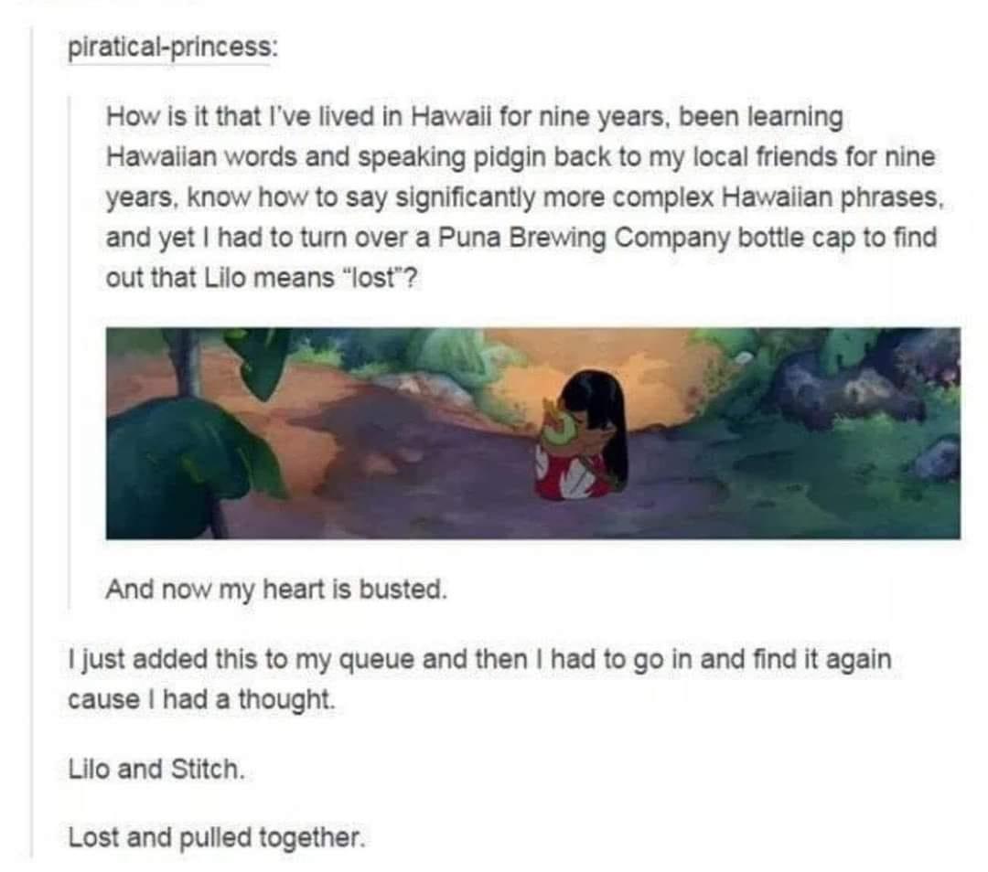 piratical princess How is it that Ive lived in Hawaii for nine years been learning Hawaiian words and speaking pidgin back to my local friends for nine years know how to say significantly more complex Hawaiian phrases and yet had to turn over a Puna Brewing Company bottle cap to find out that Lilo means lost And now my heart is busted just added this to my queue and then had to go in and find it a