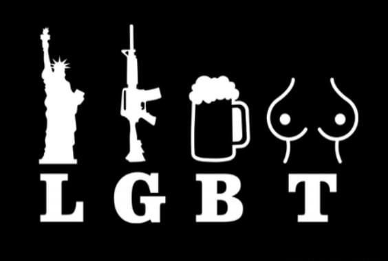 Statue of Liberty, assault rifle, beer mug, breasts. Below them are the letters L, G, B, T.