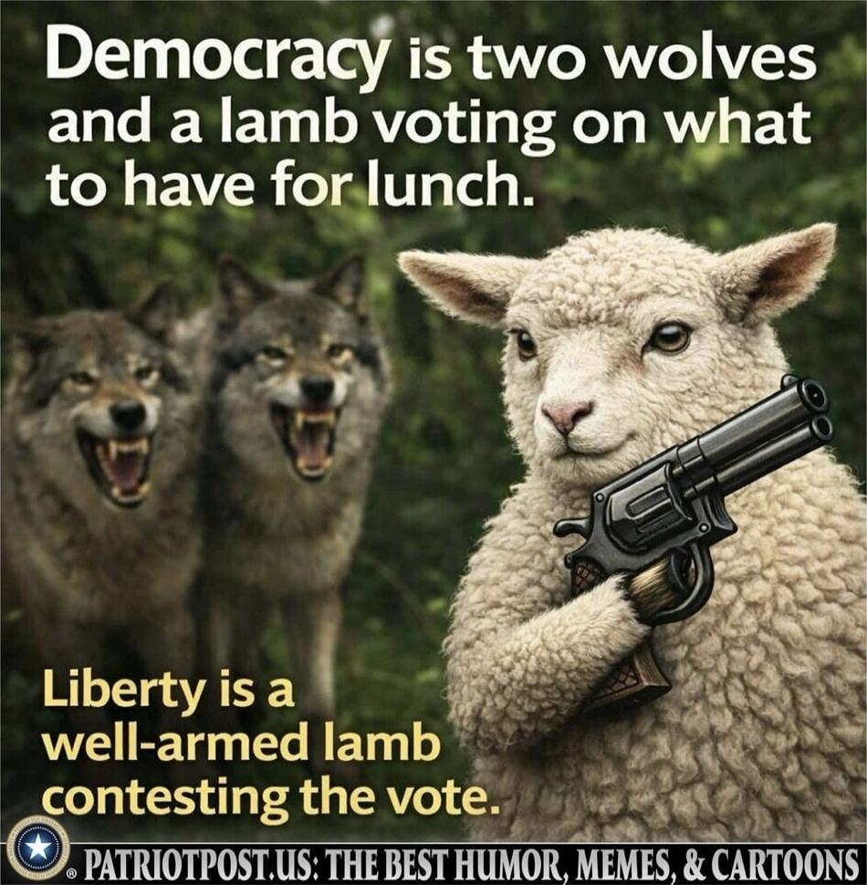 Democracy is two wolves and a lamb voting on what to have for lunch.
Liberty is a well-armed lamb contesting the vote.
PATRIOTPOST.US: THE BEST HUMOR, MEMES, & CARTOONS