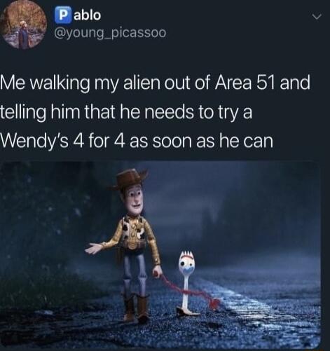 Bablo v young_picassoo Me walking my alien out of Area 51 and telling him that he needs to try a Wendys 4 for 4 as soon as he can