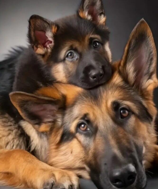Two dogs cuddling closely; a German Shepherd puppy resting on a larger shepherd.