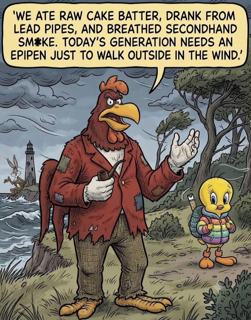 WE ATE RAW CAKE BATTER, DRANK FROM LEAD PIPES, AND BREATHED SECONDHAND SMOKE. TODAY'S GENERATION NEEDS AN EPIPEN JUST TO WALK OUTSIDE IN THE WIND.
