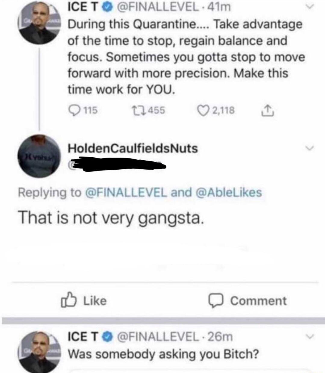 ICET FINALLEVEL 41m During this Quarantine Take advantage of the time to stop regain balance and focus Sometimes you gotta stop to move forward with more precision Make this time work for YOU HoldenCaulfieldsNuts Replying to FINALLEVEL and AbleLikes That is not very gangsta o Like D comment n ICE T FINALLEVEL 26m Was somebody asking you Bitch