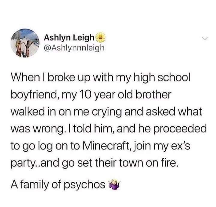 Ashlyn Leigh e Ashlynnnleigh When broke up with my high school boyfriend my 10 year old brother walked in on me crying and asked what was wrong told him and he proceeded to go log on to Minecraft join my exs partyand go set their town on fire A family of psychos