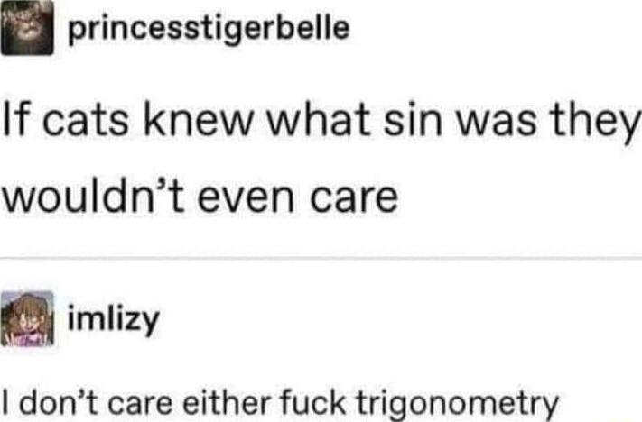 If cats knew what sin was they wouldn’t even care
I don’t care either fuck trigonometry