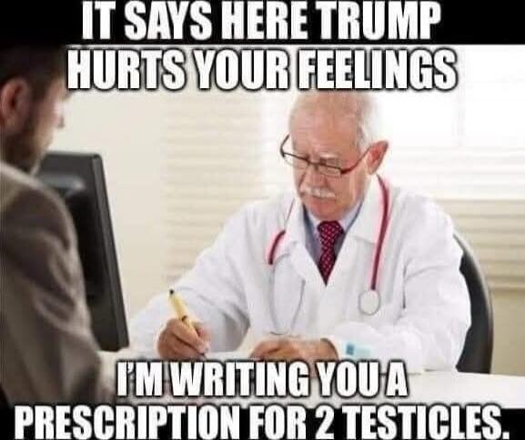 IT SAYS HERE TRUMP HURTS YOUR FEELINGS I'M WRITING YOU A PRESCRIPTION FOR 2 TESTICLES.