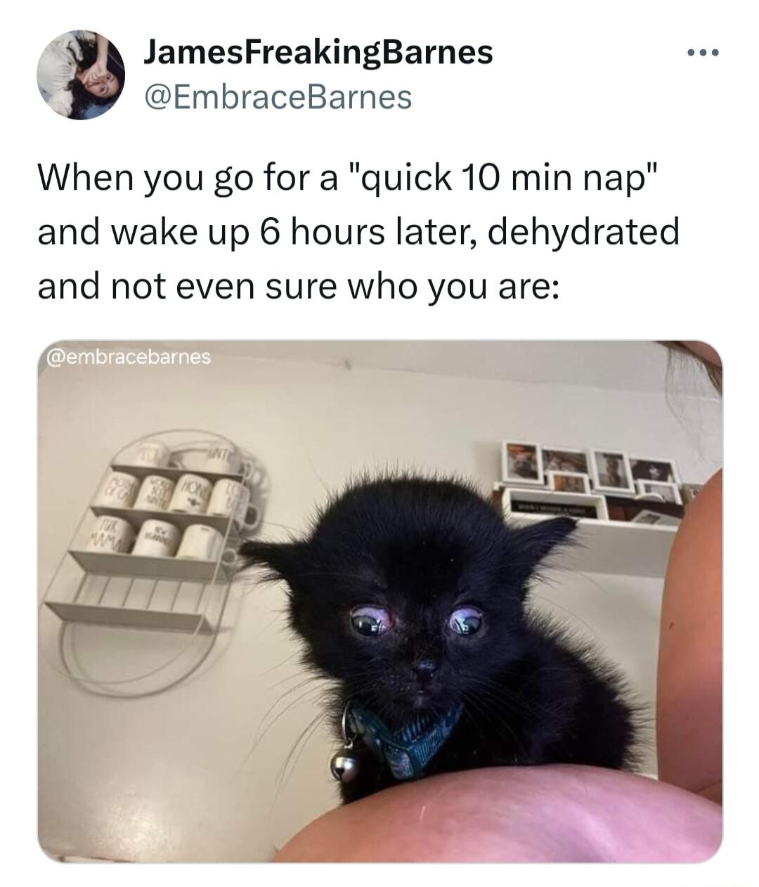 EmbraceBarnes JamesFreakingBarnes When you go for a quick 10 min nap and wake up 6 hours later dehydrated and not even sure who you are e