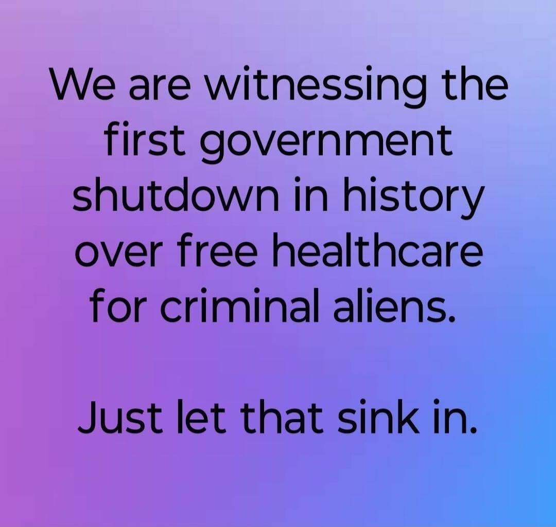 We are witnessing the first government shutdown in history over free healthcare for criminal aliens.\n\nJust let that sink in.
