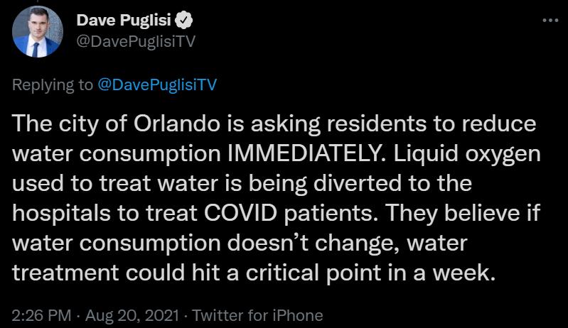 Dave Puglisi EVE TS IAY REV R R I EIVEI L AY LR 1aYRe MO E Tale SN EREES N T o T R oW To ULT water consumption IMMEDIATELY Liquid oxygen VIt R o R i Y WP ST of T o VETo To R e 4 I hospitals to treat COVID patients They believe if water consumption doesnt change water treatment could hit a critical point in a week A Il oV IRANVT 2 0 Mp2102 I RV i n C1 g o 1 g o