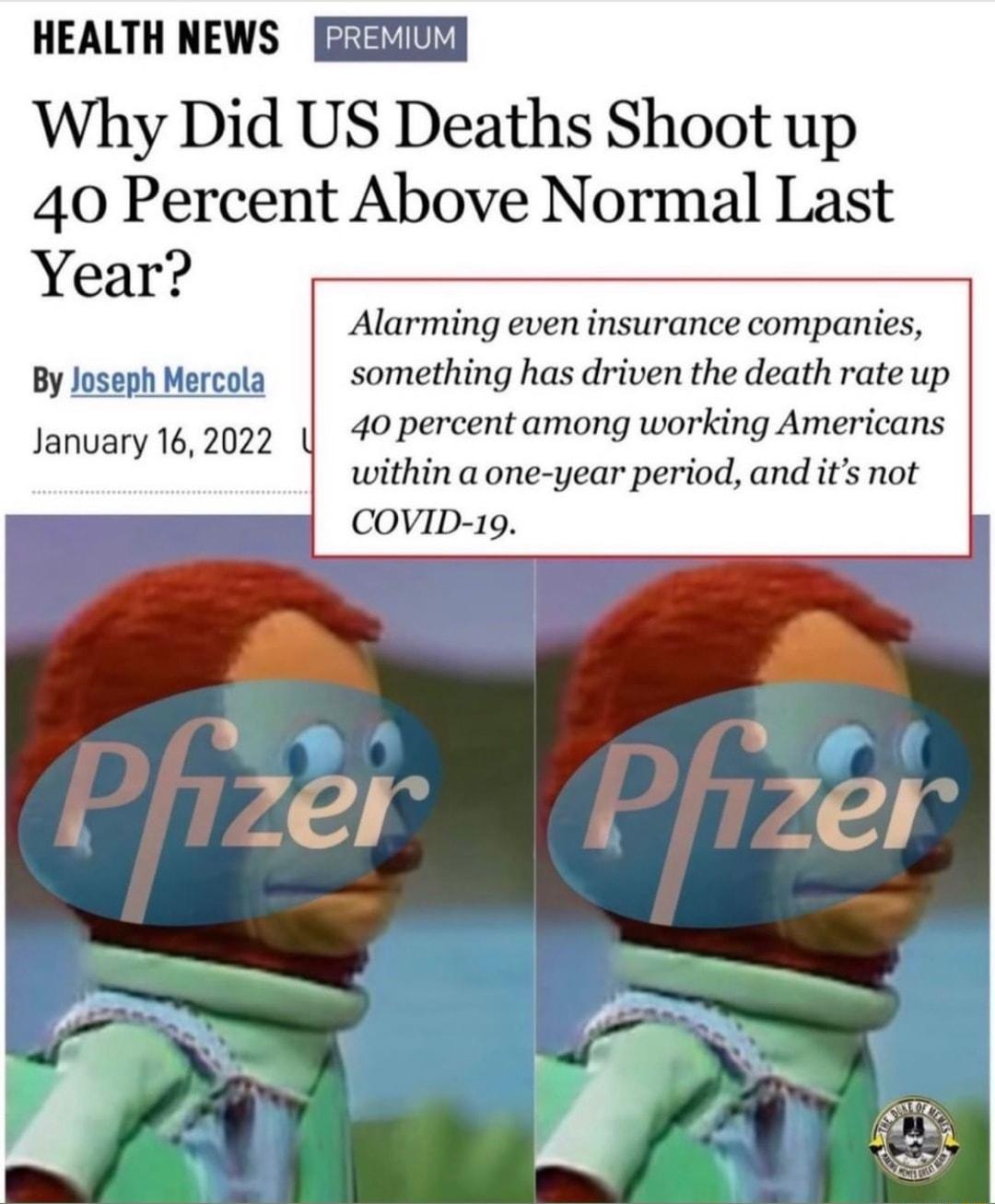 HEALTH NEWS Why Did US Deaths Shoot up 40 Percent Above Normal Last Year Alarming even insurance companies By Joseph Mercola something has driven the death rate up January 16 2022 40 percent among working Americans within a one year period and its not COVID 19