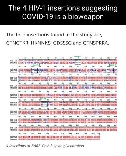 The 4 HIV 1 insertions suggesting COVID 19 is a bioweapon The four insertions found in the study are GTNGTKR HKNNKS GDSSSG and QTNSPRRA 4 insertions at SARS CoV 2 spike glycoprotein