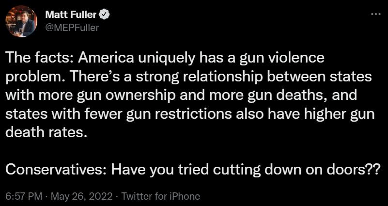 tzee The facts America uniquely has a gun violence problem Theres a strong relationship between states with more gun ownership and more gun deaths and states with fewer gun restrictions also have higher gun CEYGNEICTN 07e I1T VoY NVI S S EEXVISR Ve TUR g TTo RoTUlu o P e o e Wolo e o o 7 a4 657 PM 2022 Twitter for iPhone