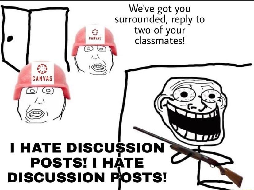 Weve got you surrounded reply to two of your classmates 1 HATE DISCUSSION POSTS HATE DISCUSSION STS