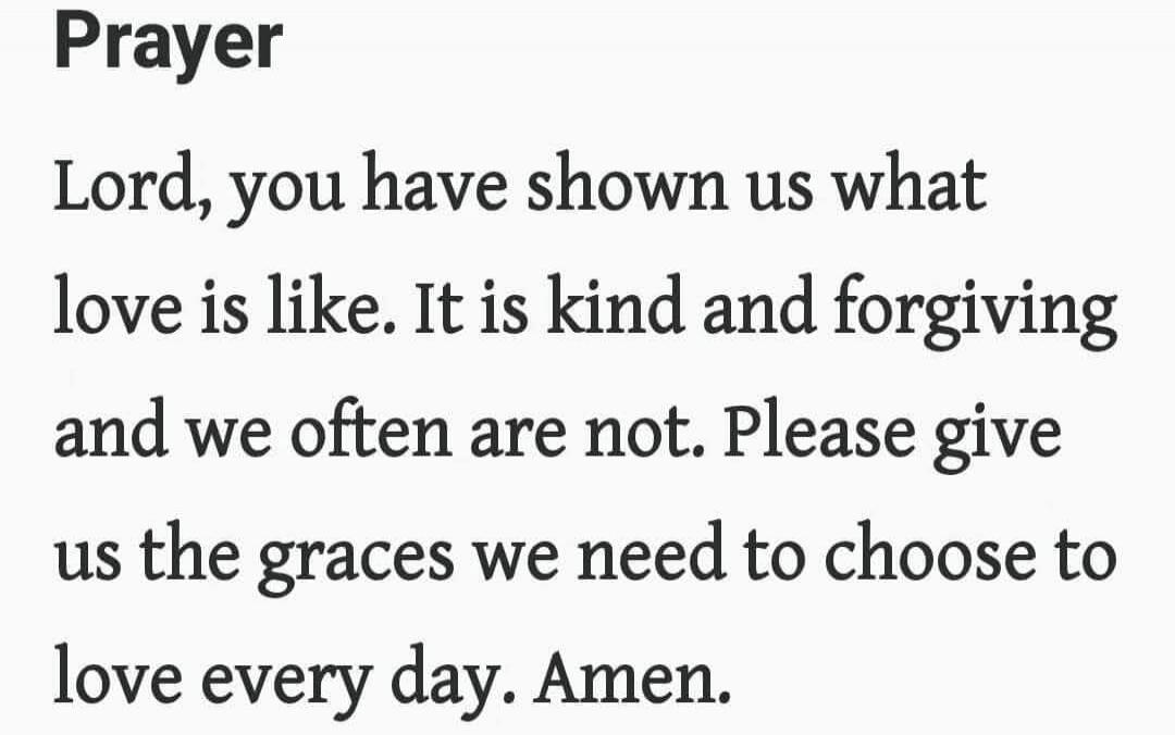 Prayer

Lord, you have shown us what love is like. It is kind and forgiving and we often are not. Please give us the graces we need to choose to love every day. Amen.