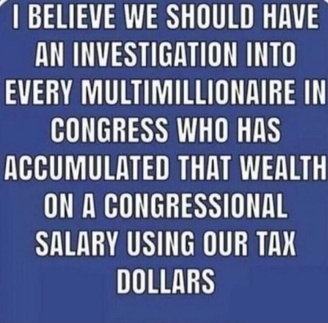 I BELIEVE WE SHOULD HAVE AN INVESTIGATION INTO EVERY MULTIMILLIONAIRE IN CONGRESS WHO HAS ACCUMULATED THAT WEALTH ON A CONGRESSIONAL SALARY USING OUR TAX DOLLARS