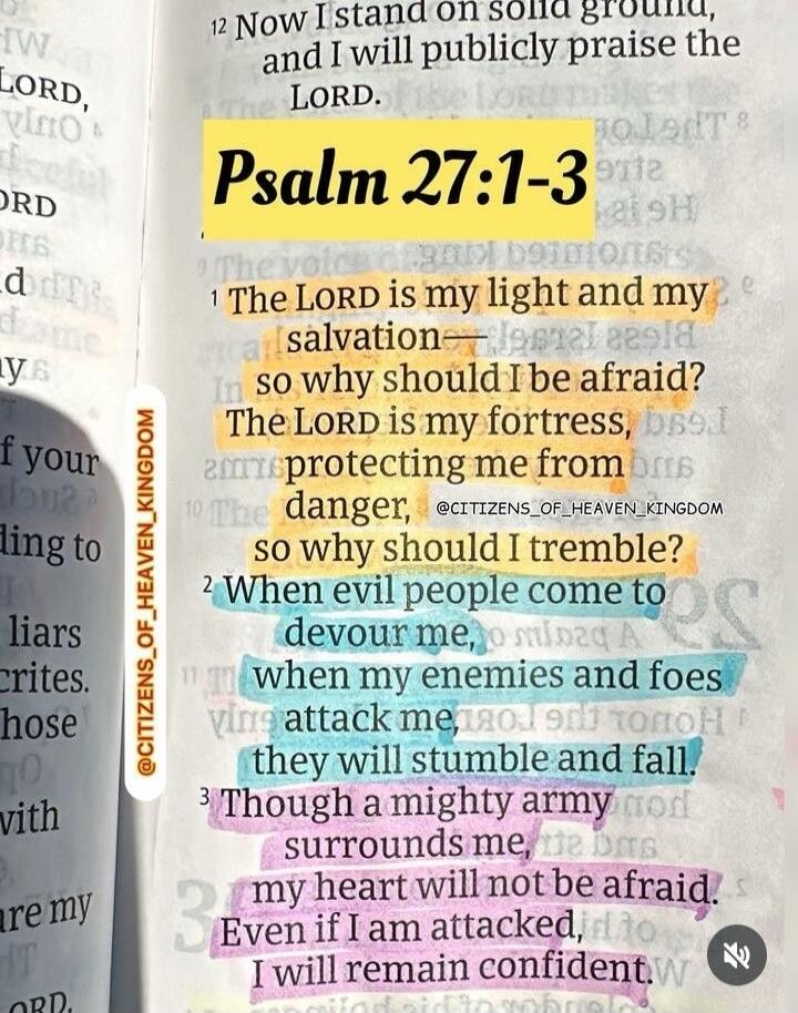 Now I stand on solid ground, and I will publicly praise the LORD. Psalm 27:1-3 1 The LORD is my light and my salvation— so why should I be afraid? The LORD is my fortress, protecting me from danger, so why should I tremble? 2 When evil people come to devour me, when my enemies and foes attack me, they will stumble and fall. 3 Though a mighty army s