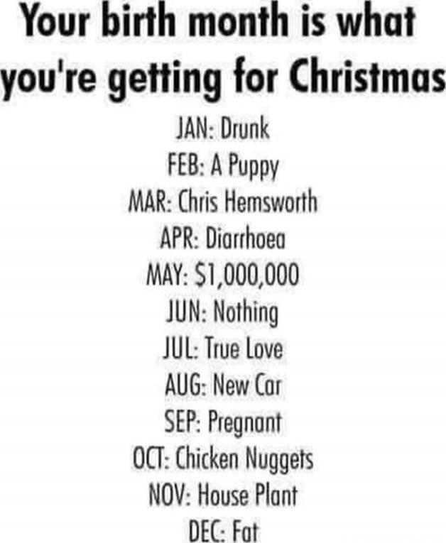 Your birth month is what you're getting for Christmas

JAN: Drunk
FEB: A Puppy
MAR: Chris Hemsworth
APR: Diarrhoea
MAY: $1,000,000
JUN: Nothing
JUL: True Love
AUG: New Car
SEP: Pregnant
OCT: Chicken Nuggets
NOV: House Plant
DEC: Fat