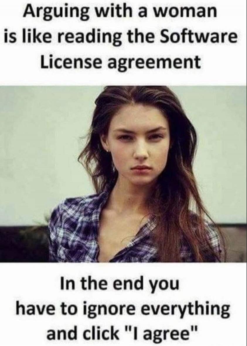 Arguing with a woman is like reading the Software License agreement. In the end you have to ignore everything and click 