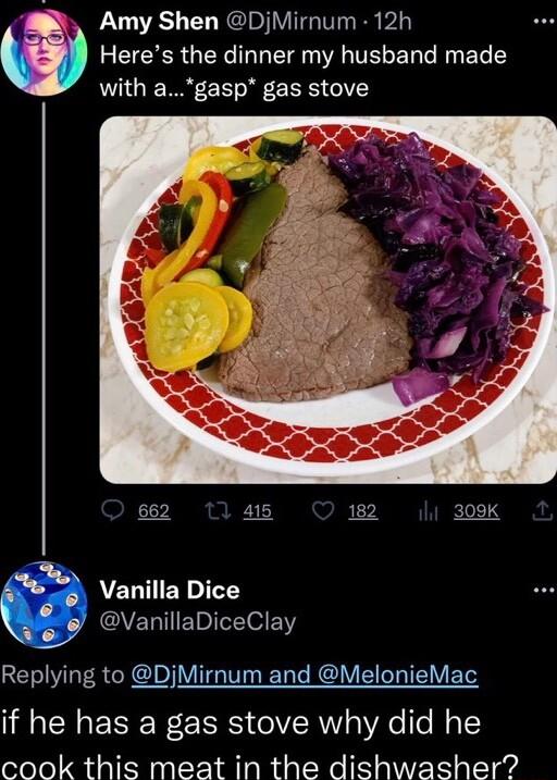 Amy Shen DjMirnum 12h Heres the dinner my husband made with agasp gas stove Vanilla Dice VanillaDiceClay Replying to DjMirnum and MelonieMac if he has a gas stove why did he cook this meat in the dishwasher