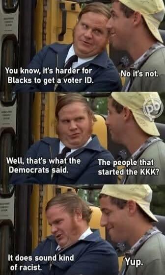 You know, it's harder for Blacks to get a voter ID. No it's not. Well, that's what the Democrats said. The people that started the KKK? It does sound kind of racist. Yup.