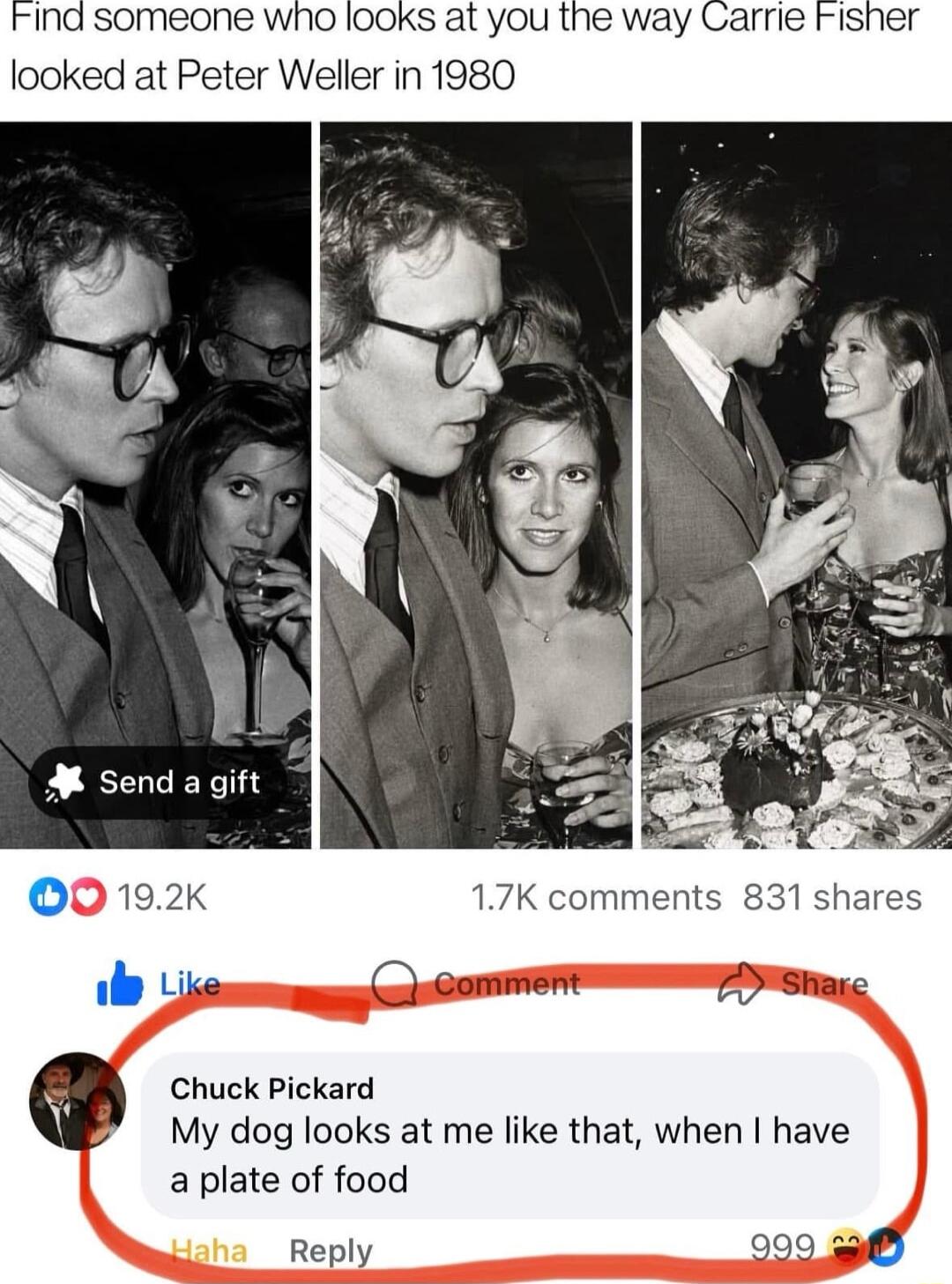 Find someone Who I00Ks at you the way Carrie Fisher looked at Peter Weller in 1980 A Send a gift 00 192k 17K comments 831 shares i Like i Comment 7 shaic Chuck Pickard My dog looks at me like that when have a plate of food Reply 900 o