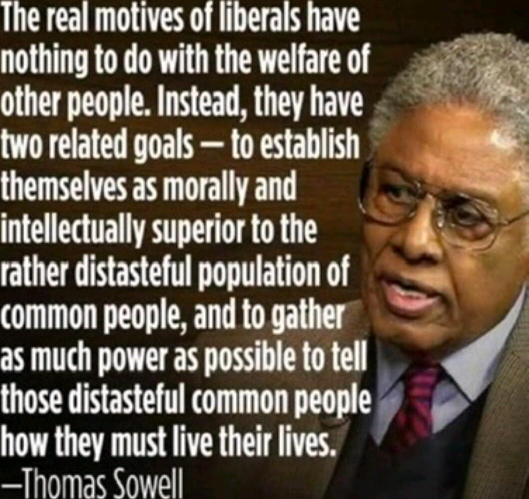 The real motives of liberals have nothing to do with the welfare of other people. Instead, they have two related goals — to establish themselves as morally and intellectually superior to the rather distasteful population of common people, and to gather as much power as possible to tell those distasteful common people how they must live their lives.