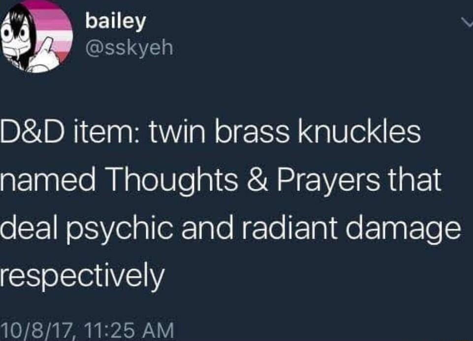 E1EY Y1 1 DD item twin brass knuckles named Thoughts Prayers that deal psychic and radiant damage respectively 10817 1125 AM