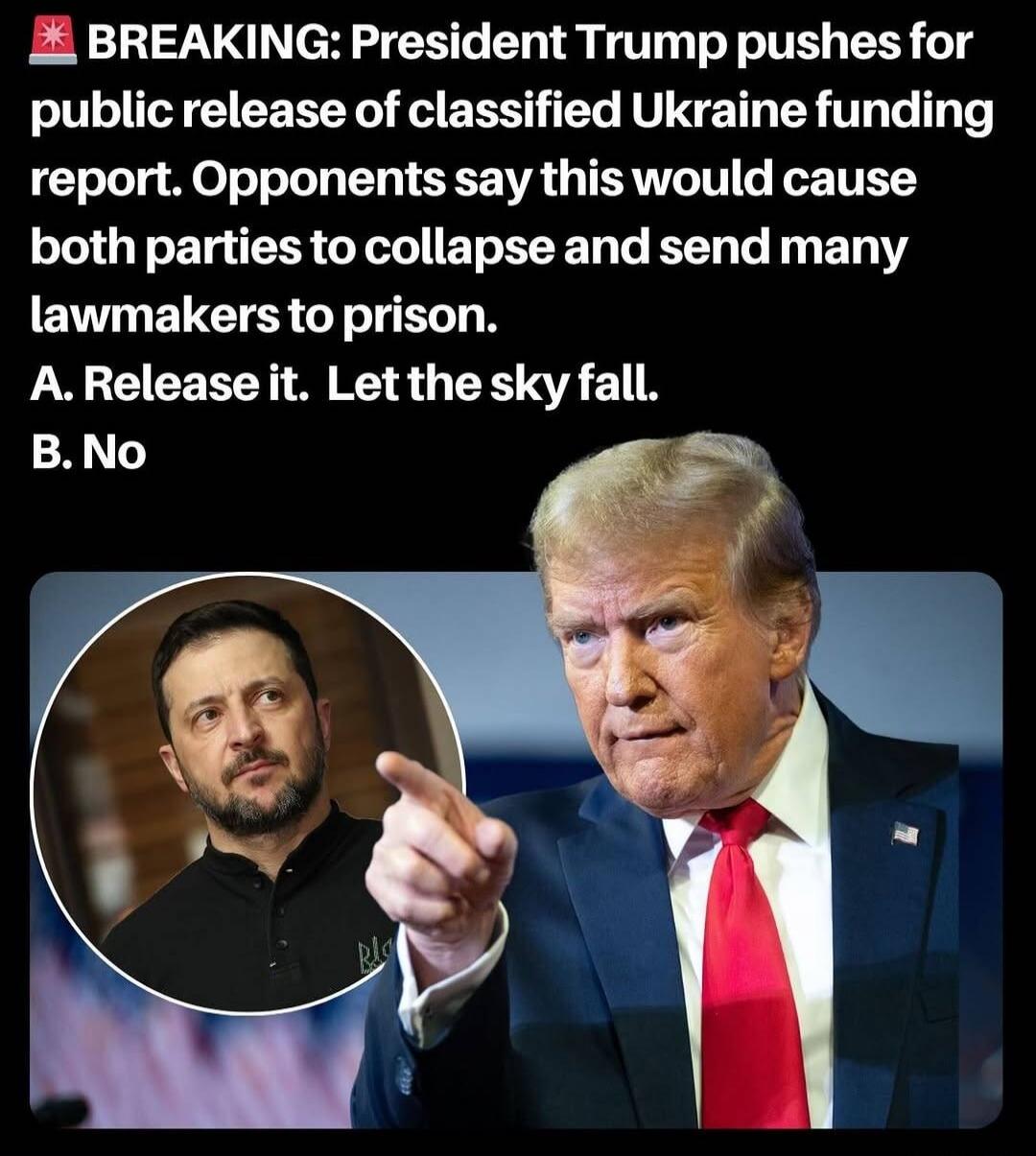BREAKING: President Trump pushes for public release of classified Ukraine funding report. Opponents say this would cause both parties to collapse and send many lawmakers to prison. A. Release it. Let the sky fall. B. No
