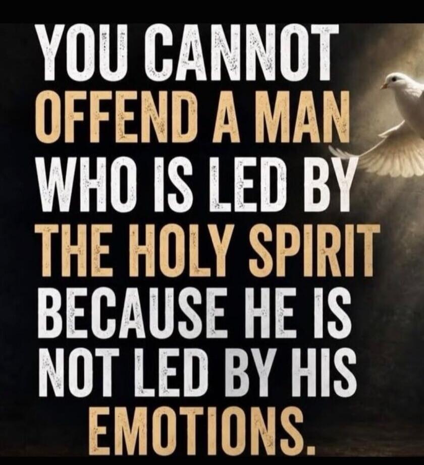 YOU CANNOT OFFEND A MAN WHO IS LED BY THE HOLY SPIRIT BECAUSE HE IS NOT LED BY HIS EMOTIONS.