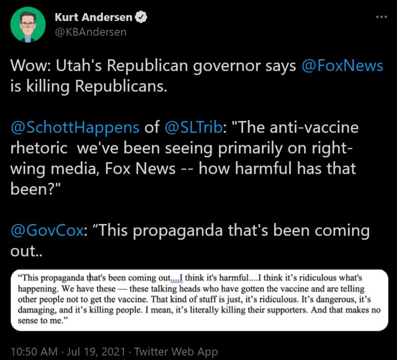 Kurt Andersen AU IANE 1 W T 18 o TeTa W eVZT s To TR 1A GU PN SIS is killing Republicans NYelgloladg ETeolTa kN e MNY N T oM I s SR 1o 1 NV Telel 1 rhetoric weve been seeing primarily on right wing media Fox News how harmful has that been IETeleNH I F o o oI Elale ER s EYRN o1 WeleTpslTgTe out This propag cen o 1 think its harmfulI think its ridiculous whats happening c e king heads w1 ve gotten t