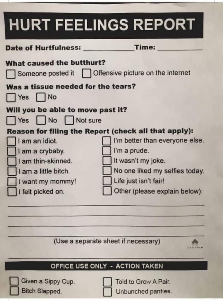 HURT FEELINGS REPORT Date of Hurtfulness Time What caused the butthurt Someone posted it Offensive picture on the internet Was a tissue needed for the tears Yes No Will you be able to move past it JYes No Not sure Reason for filing the Report check all that apply D am an idiot Im better than everyone else 1am a crybaby Im a prude E am thin skinned It wasnt my joke D am a little bitch No one liked 