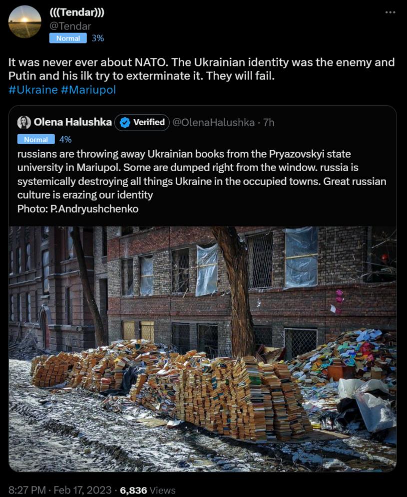 Tendan Tendar It was never ever about NATO The Ukrainian identity was the enemy and Putin and his ik try to exterminate it They willfail Ukraine Mariupol university in Mariupol Some are dumped right from the window russia is systemically destroying allthings kraine in the occupied towns Great russian cultureis erazing our identity Photo PAndryushchenko