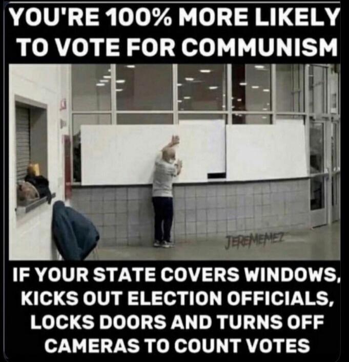 YOU'RE 100% MORE LIKELY TO VOTE FOR COMMUNISM IF YOUR STATE COVERS WINDOWS, KICKS OUT ELECTION OFFICIALS, LOCKS DOORS AND TURNS OFF CAMERAS TO COUNT VOTES